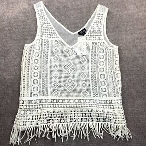 A.N.A Tank Top Womens Small Pristine Ivory Cotton Sheer Crochet Knit Fringe Boho